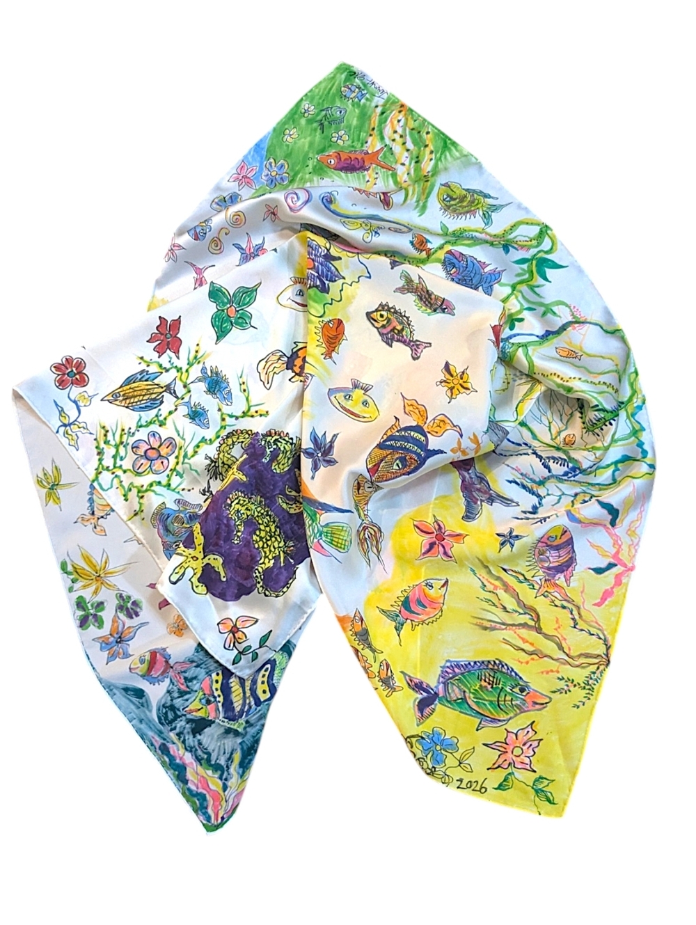 Hand painted signed silk/Satin scarf tropical fish one of a kind Original Spring